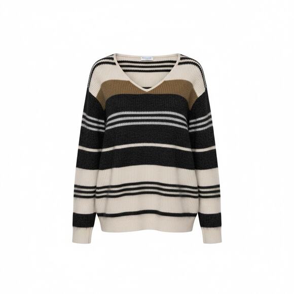 Brunello Cucinelli Cashmere Silk Wool Striped V Neck Sweater IT 42 M
